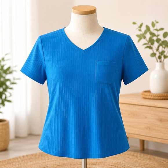 Muk Luks Tops - Muk Luks Womens Teal Blue Ribbed‎ V-Neck Short Sleeve Pocket T-Shirt Size M